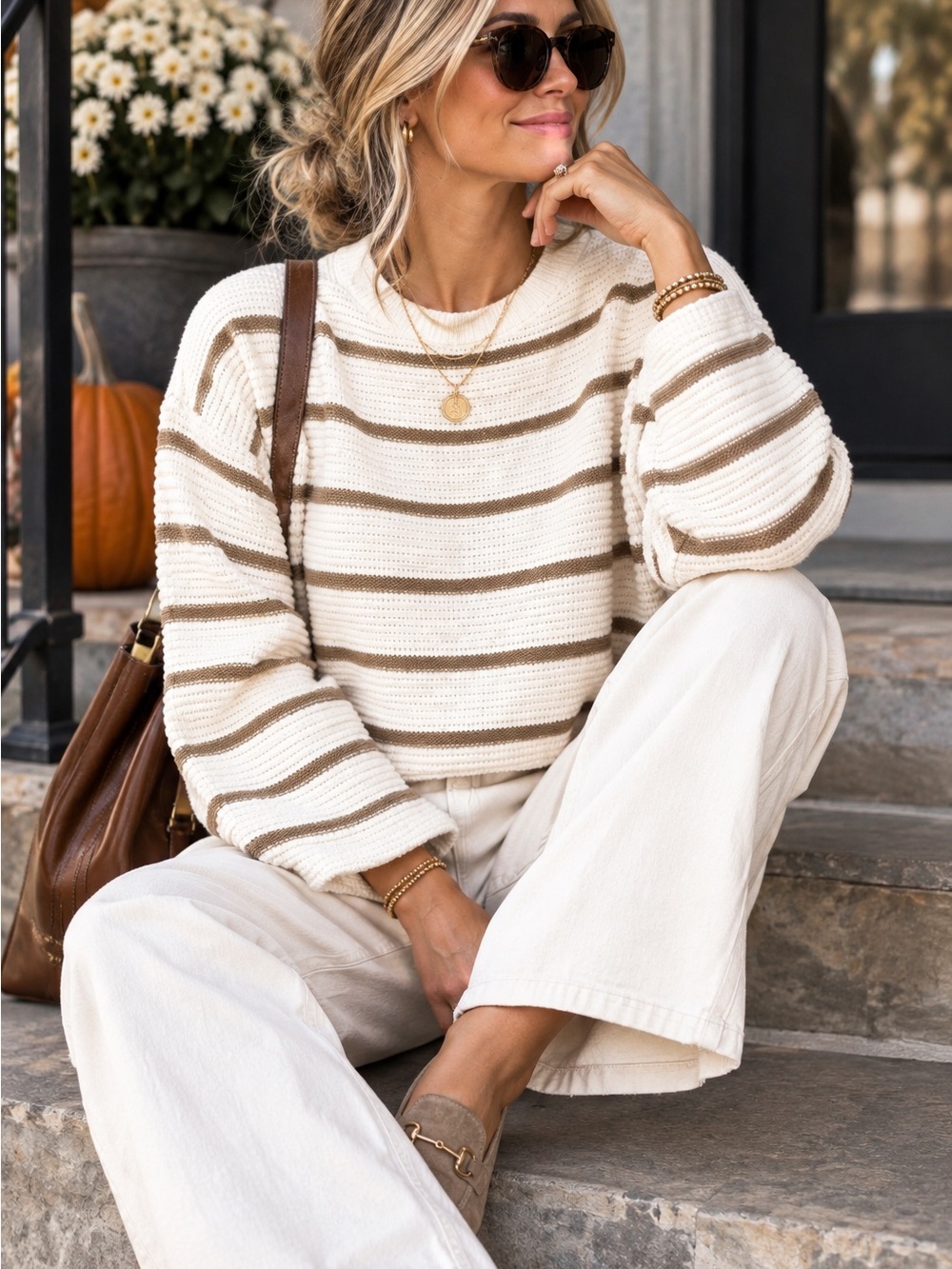 Dex Women’s Large Cream Taupe Striped Textured Knit Sweater Relaxed Coastal Chic